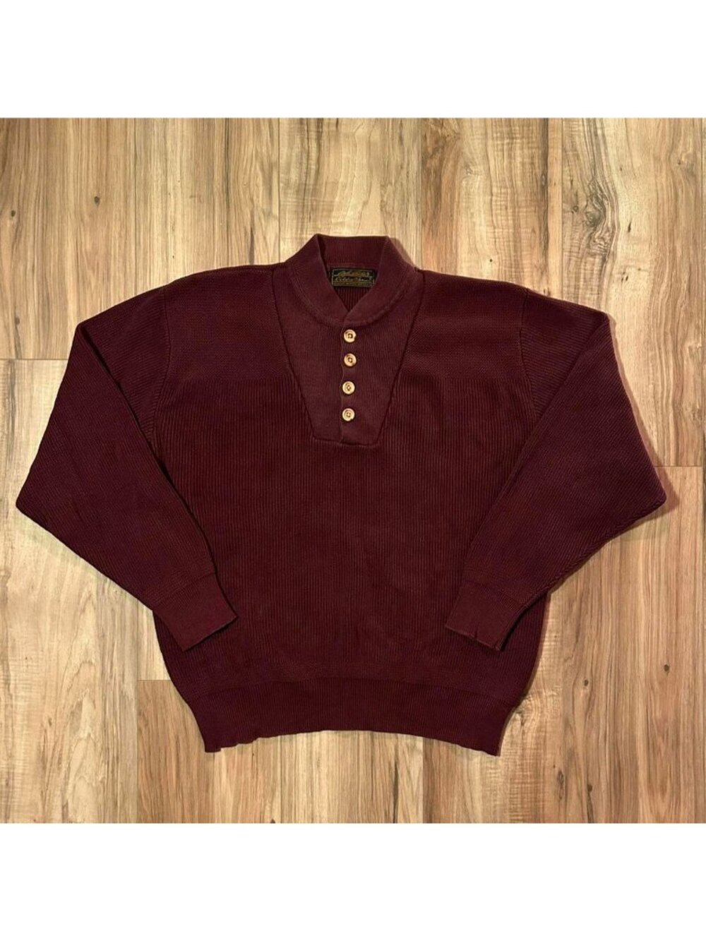 Vintage 70s Eddie Bauer Sweater Mens Large Red Ribbed Henley Knit